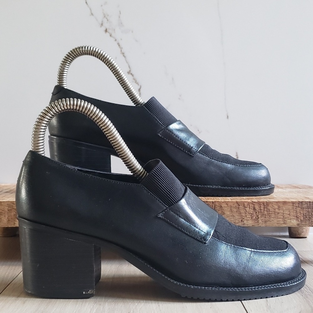 Ipanema Loafer Pumps Womens 7.5 Black Leather Chunky Block Heel Square Toe 90s